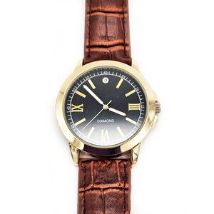 JAPAN MOVEMENT Men’s Quartz Watch Gold-Tone Case, Black Dial, Brown Croc Band
